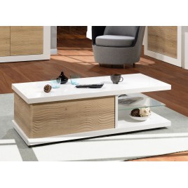 Table basse rectangulaire rangement bois et blanc laqué