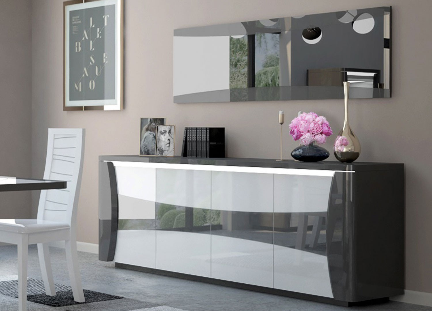 Meuble buffet blanc et gris laqué 4 portes CbcMeubles