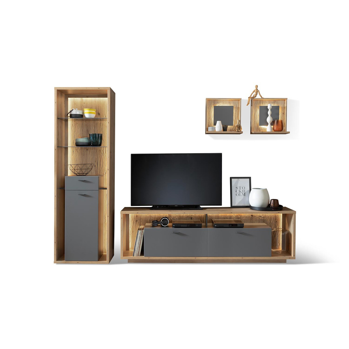 Meuble TV design gris et chêne poutre