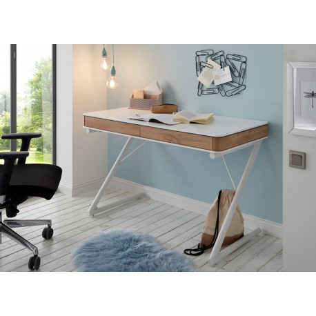 Bureau laqué blanc mat et décor chêne 2 tiroirs