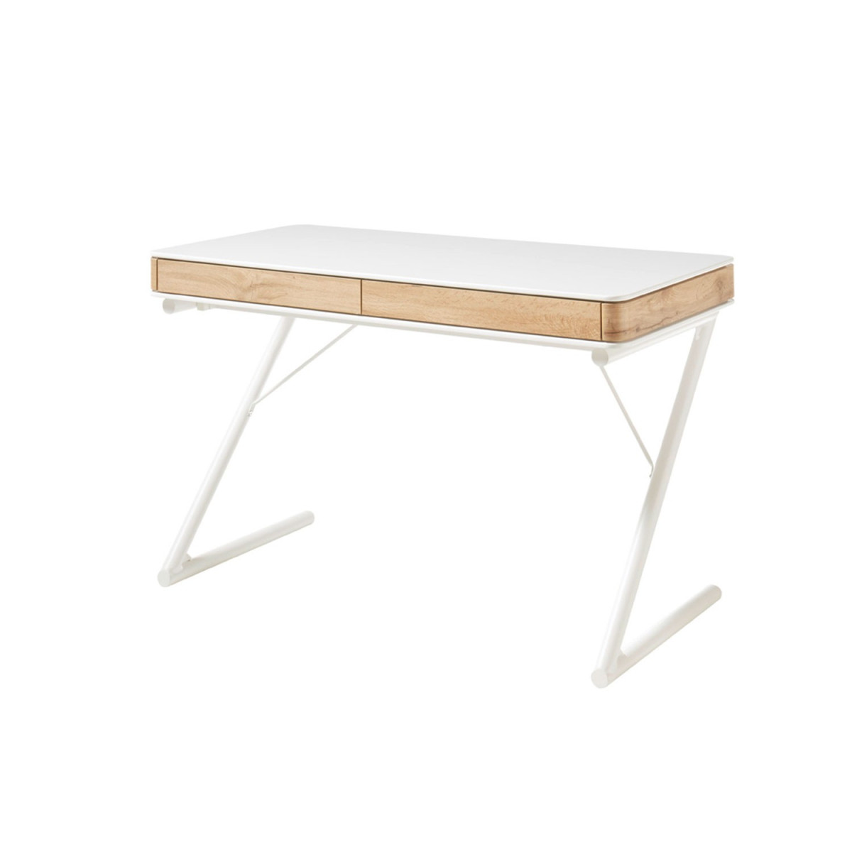 Bureau laqué blanc mat et décor chêne 2 tiroirs