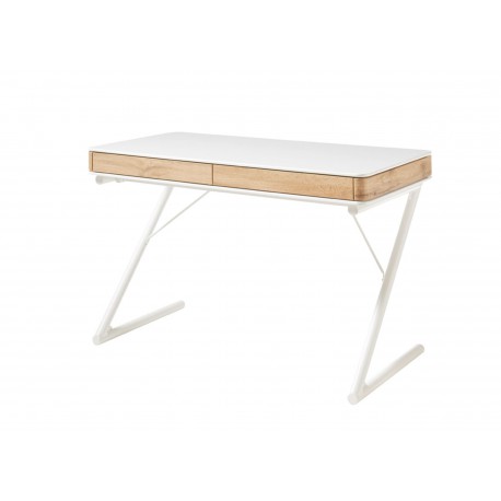 Bureau laqué blanc mat et décor chêne 2 tiroirs