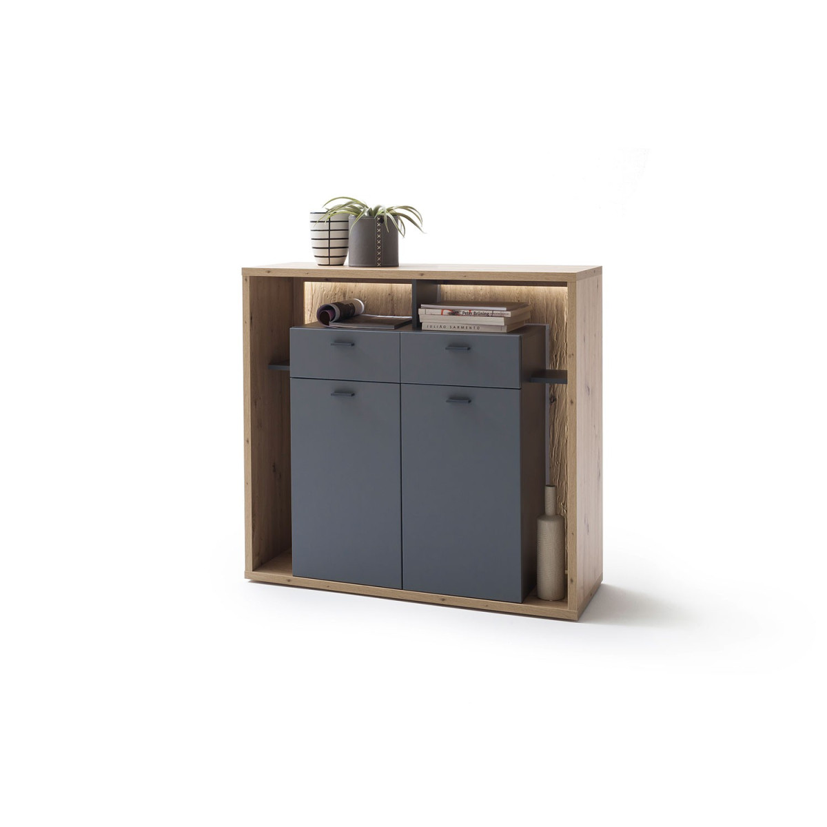 Buffet haut design gris et bois 2 portes et 2 tiroirs
