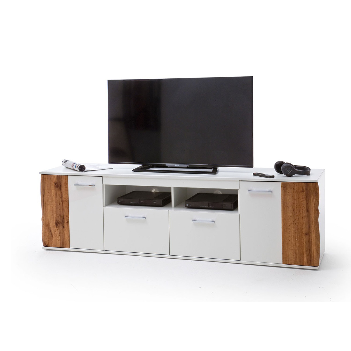 Meuble TV design blanc et bois 2 portes et 2 tiroirs 2m03