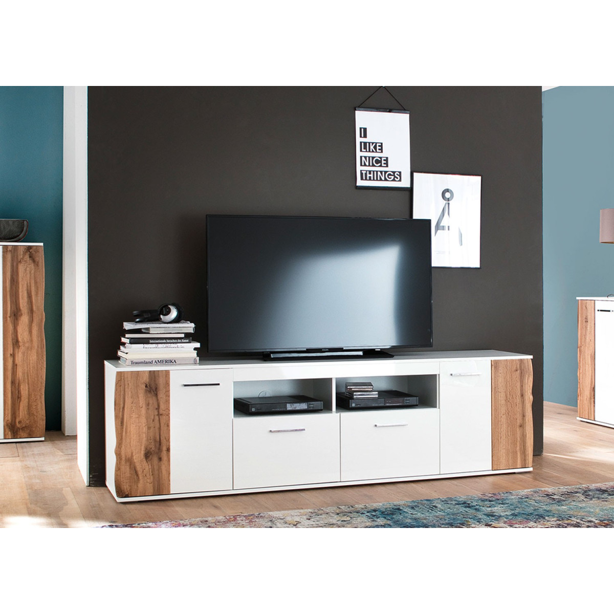 Meuble TV design blanc et bois 2 portes et 2 tiroirs 2m03