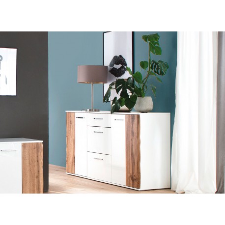 Buffet design blanc et bois 2 portes et 3 tiroirs