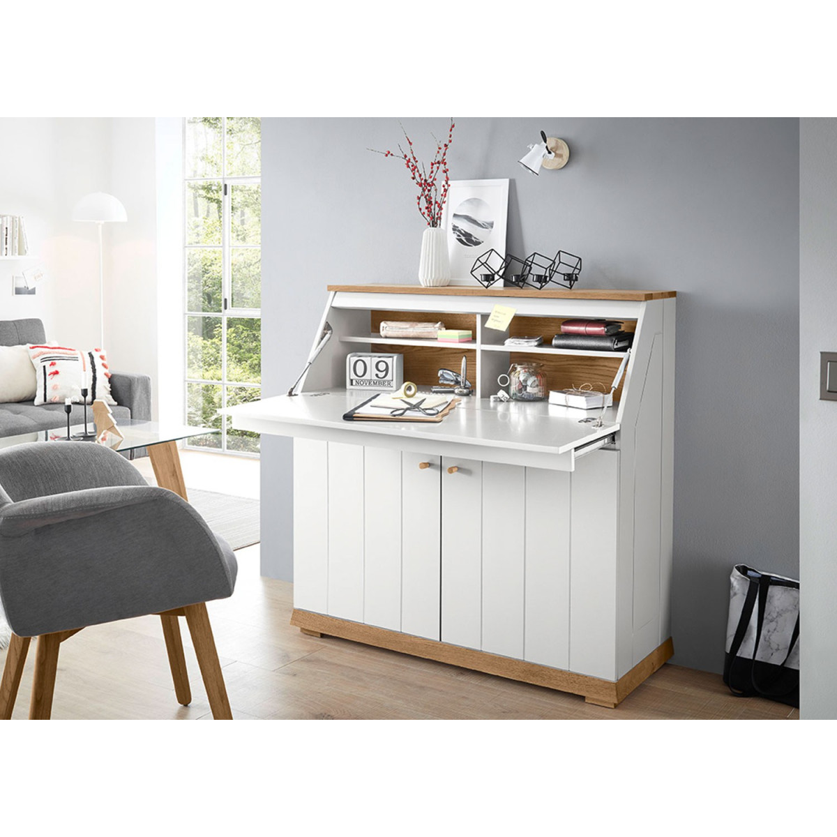 Bureau secrétaire blanc laqué mat et chêne