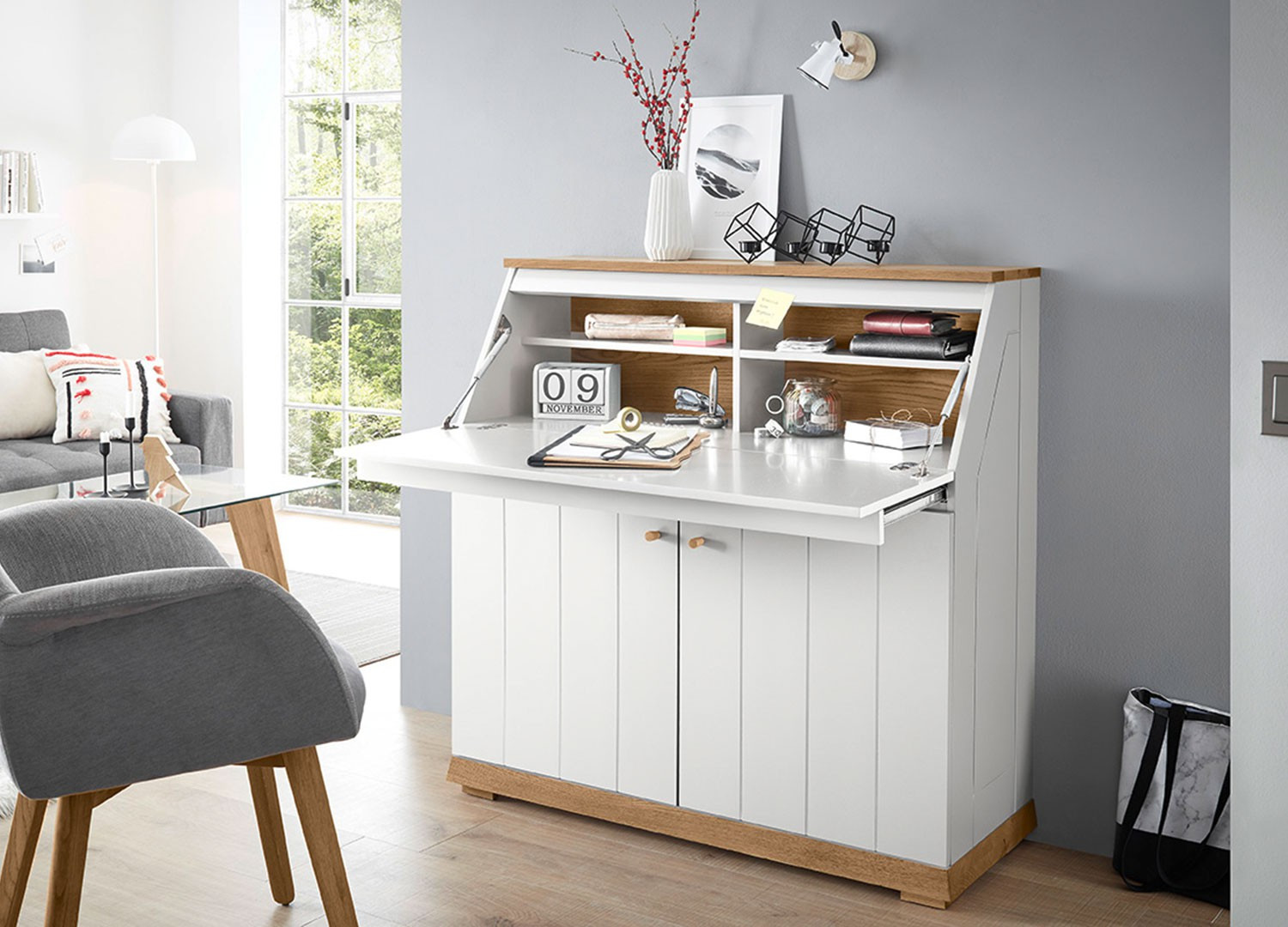 Bureau Secretaire Blanc Laque Mat Et Chene Cbc Meubles