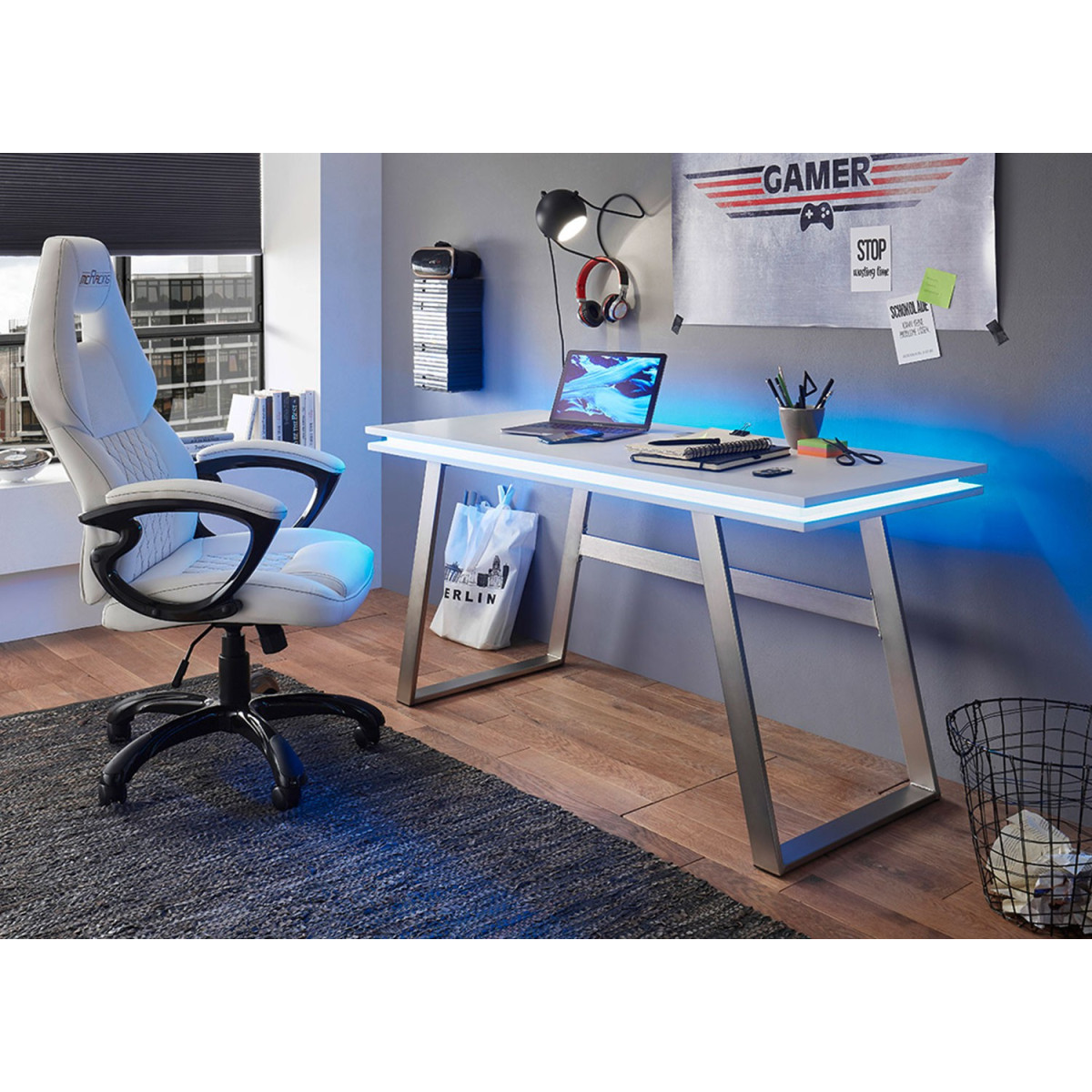 Bureau blanc laqué mat avec éclairage rgb et prise usb