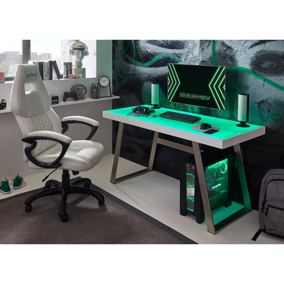 Bureau avec plateau en verre blanc et éclairage rgb