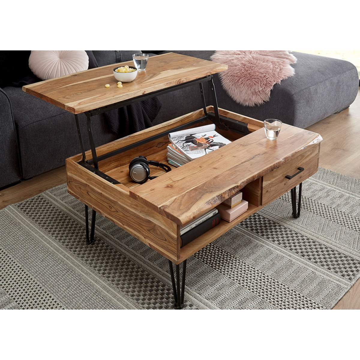 Table basse avec plateau relevable et pied épingle métal noir