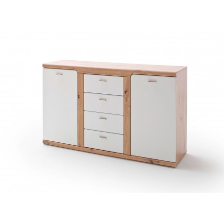 Buffet moderne 4 tiroirs et 2 portes blanc et décor chêne