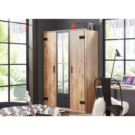 Armoire 3 portes avec éclairage LED bois et graphite SPOTLEN pour ado