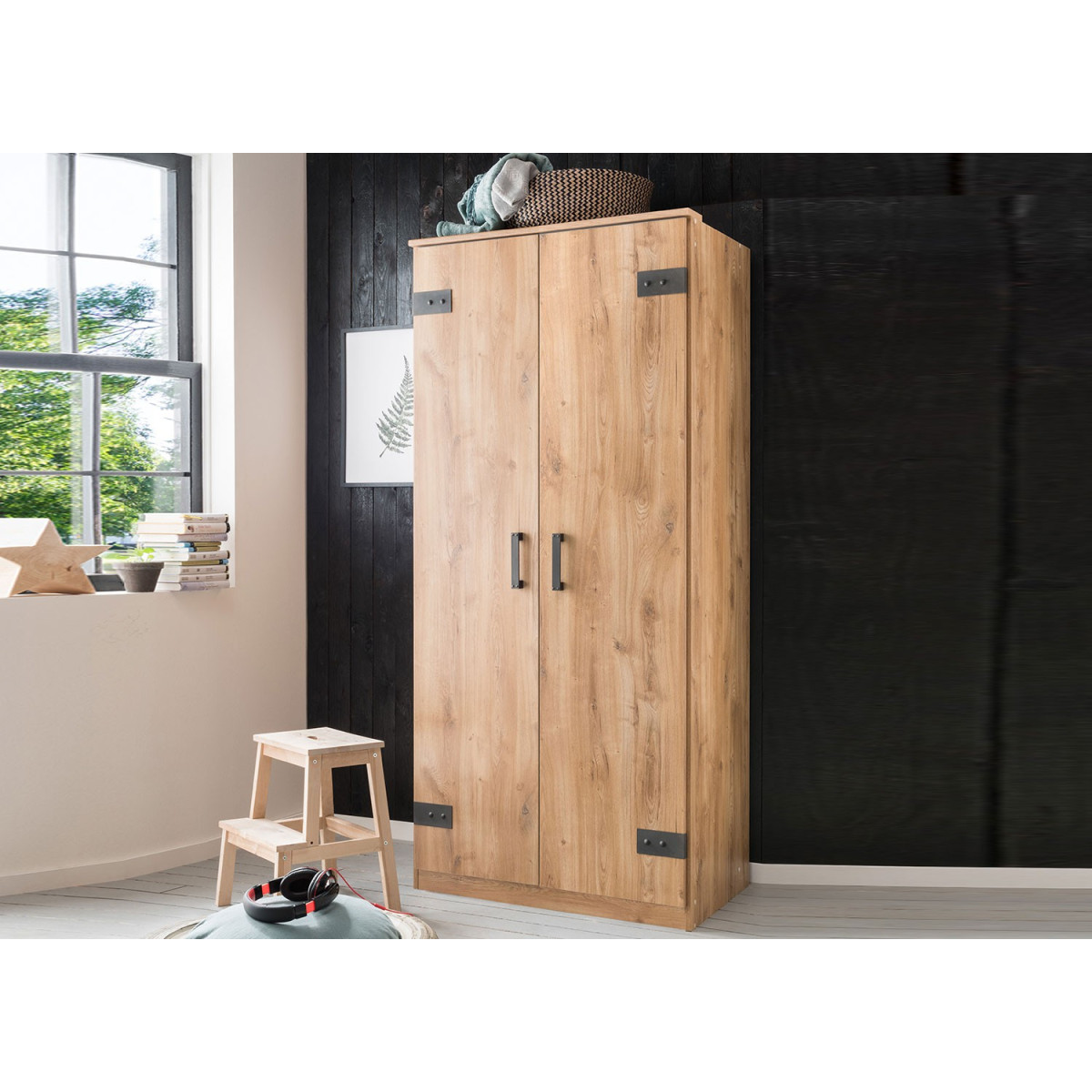 Armoire dressing 2 portes coloris chêne et graphite