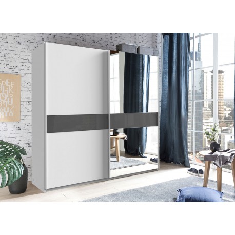 Armoire moderne 135 ou 180 cm 2 portes coulissantes blanche et verre gris