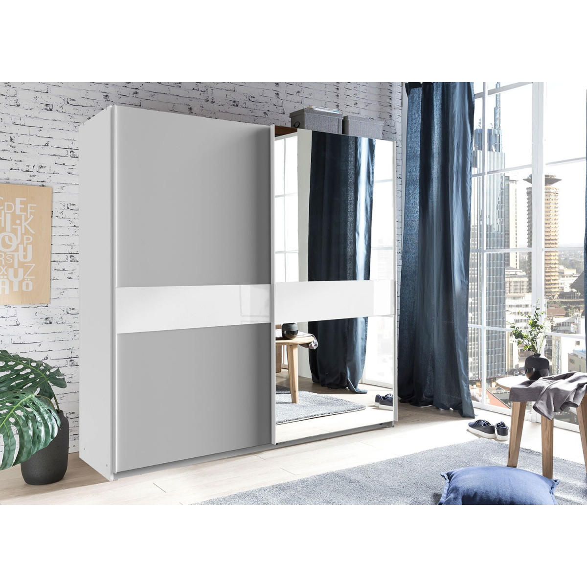 Armoire penderie 135 ou 180 cm 2 portes coulissantes gris clair et verre blanc