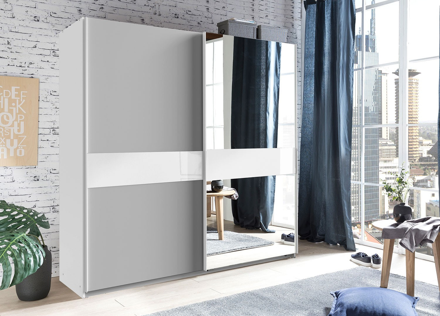 Armoire penderie 135 ou 180 cm 2 portes coulissantes gris clair et