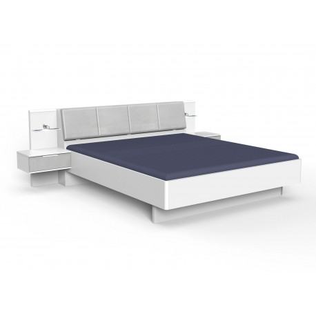 Lit de chambre adulte 160x200 cm avec chevets suspendus gris béton clair et blanc