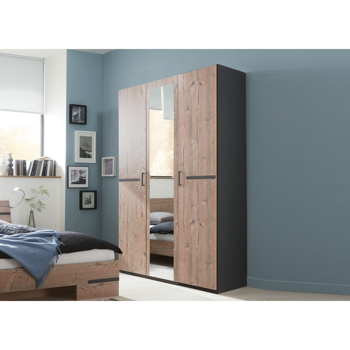 Armoire 3 portes avec miroir chêne silver et graphite