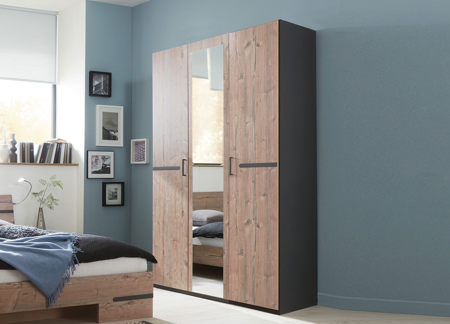 Armoire 3 portes avec miroir chêne silver et graphite CbcMeubles