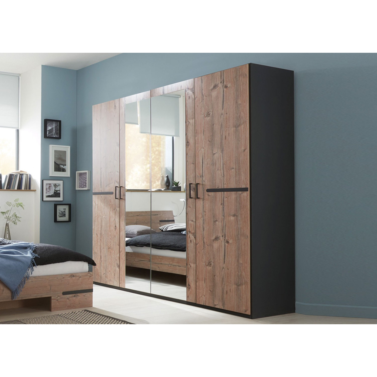 Armoire 2 miroirs de 4 portes chêne silver et graphite
