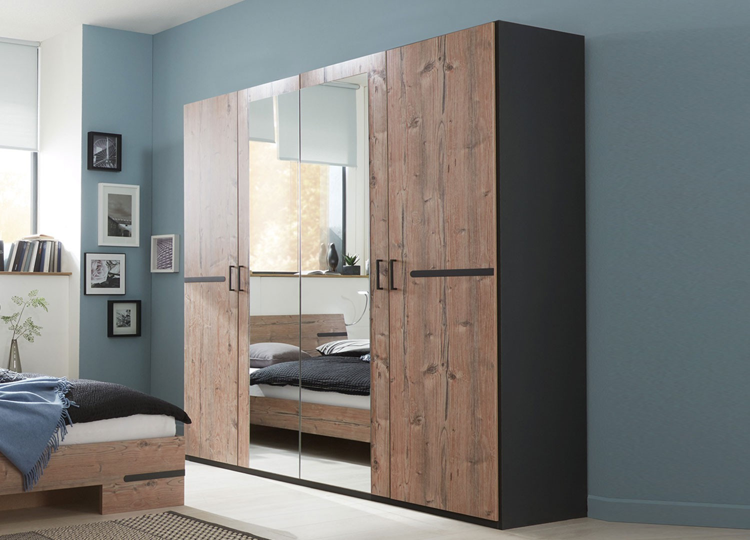 Armoire 2 miroirs de 4 portes chêne silver et graphite CbcMeubles