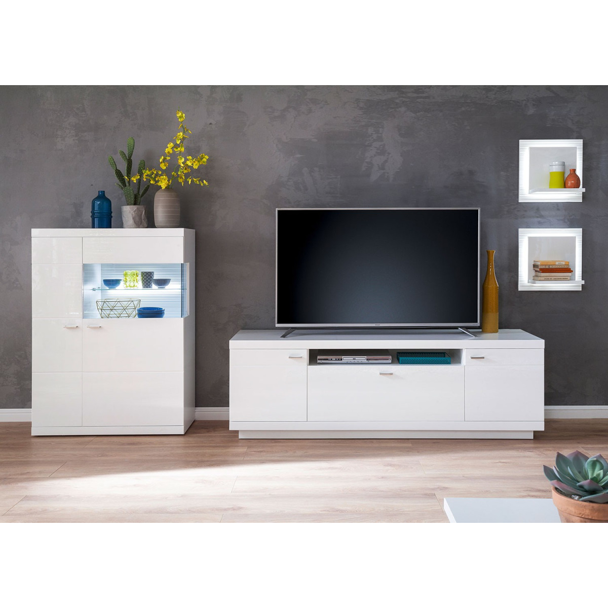 Meuble TV avec rangements blanc laqué