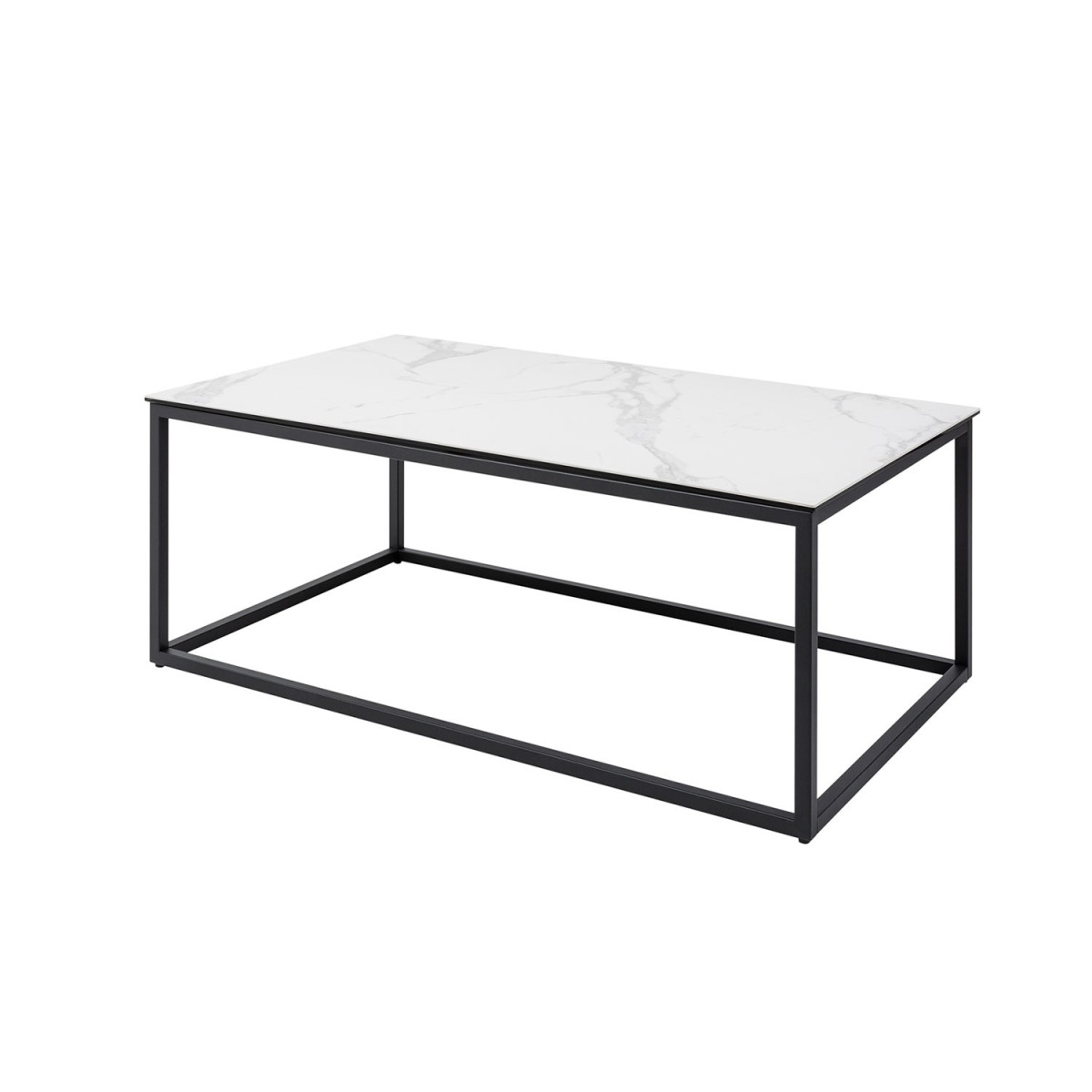 Table basse plateau céramique blanc aspect marbre et métal