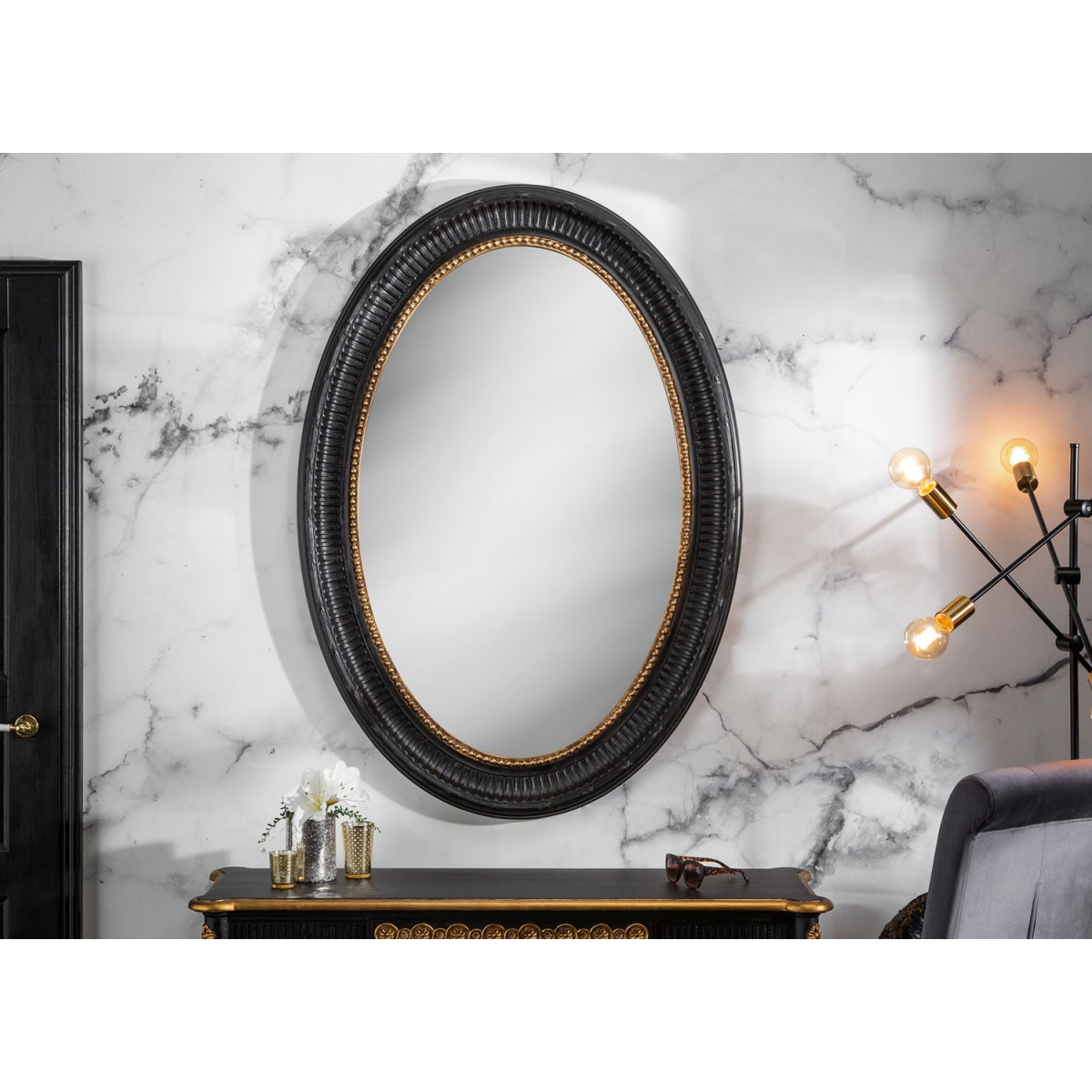 Miroir ovale baroque noir et doré 135 cm