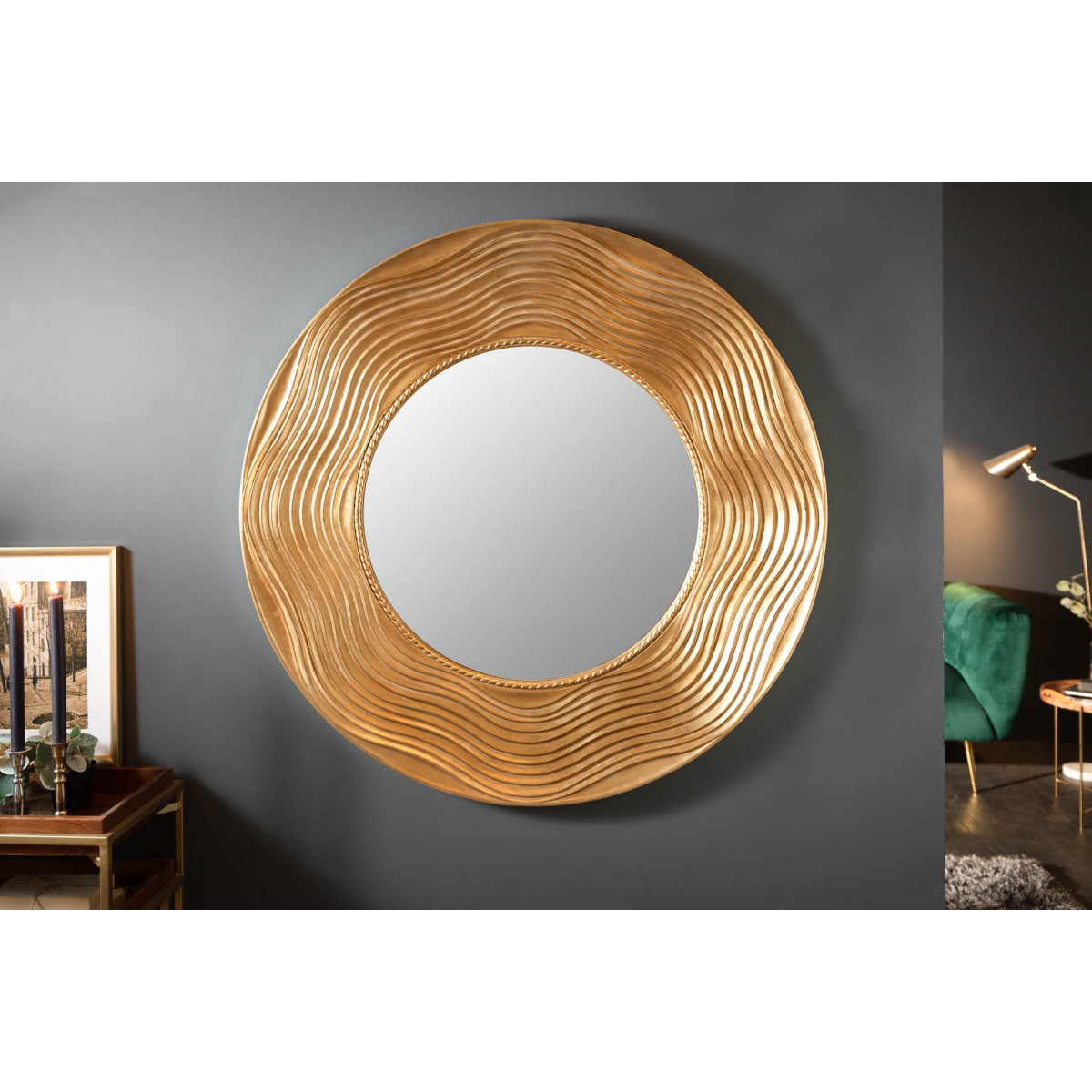 Miroir design mural rond cadre doré 100 cm