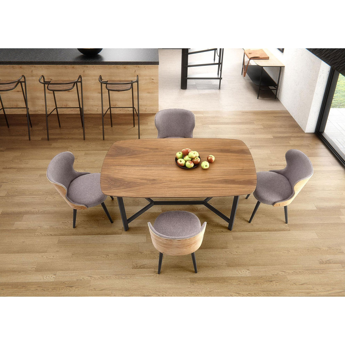 Table rectangulaire en bois à bords arrondis et piétement en métal