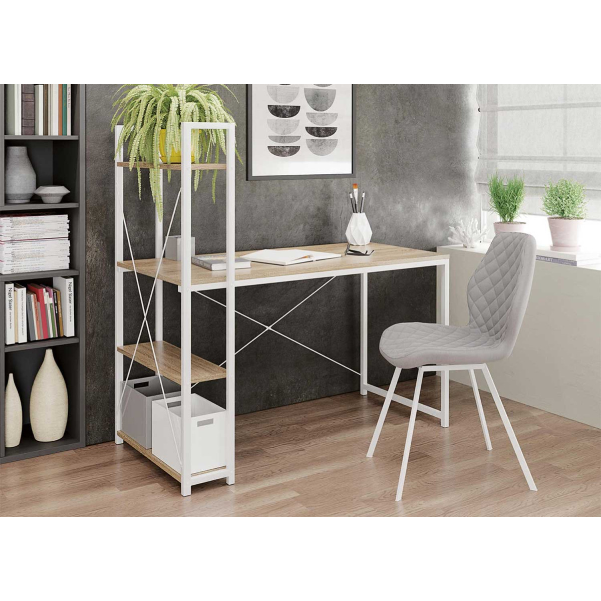 Bureau blanc / effet bois clair 110 x 50 cm avec colonne de rangement  JOHNSON 