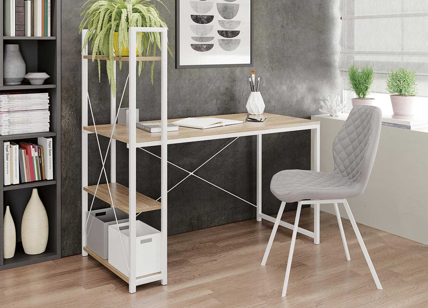 Bureau avec rangements chêne wotan et anthracite - Cbc-Meubles