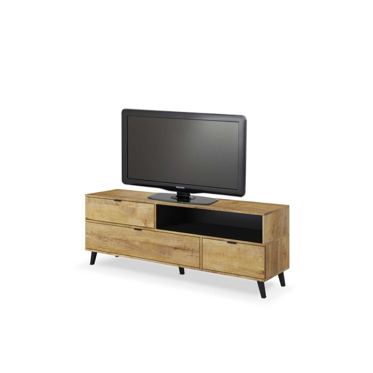 Meuble tv moderne 160 cm chêne et noir 3 tiroirs et 1 niche