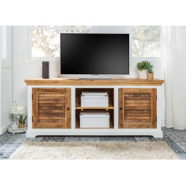 Meuble TV blanc et bois massif style campagnard