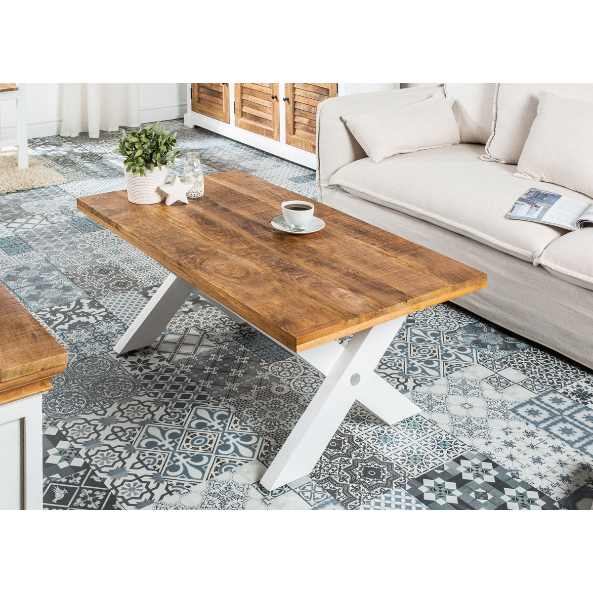 Table basse style campagne chic bois massif de manguier