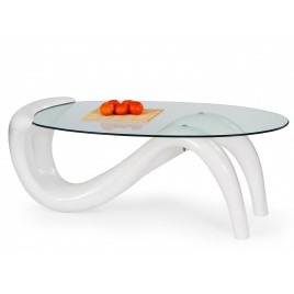 Table basse pied design laqué blanc et plateau en verre