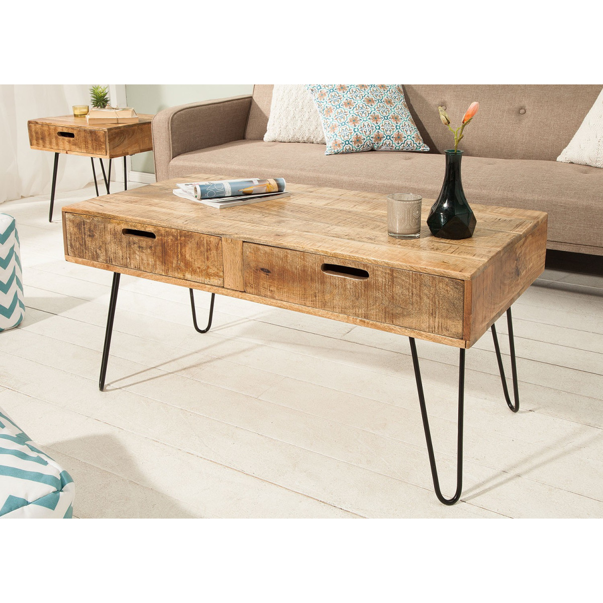 Table basse 1m bois massif de manguier & pied épingle