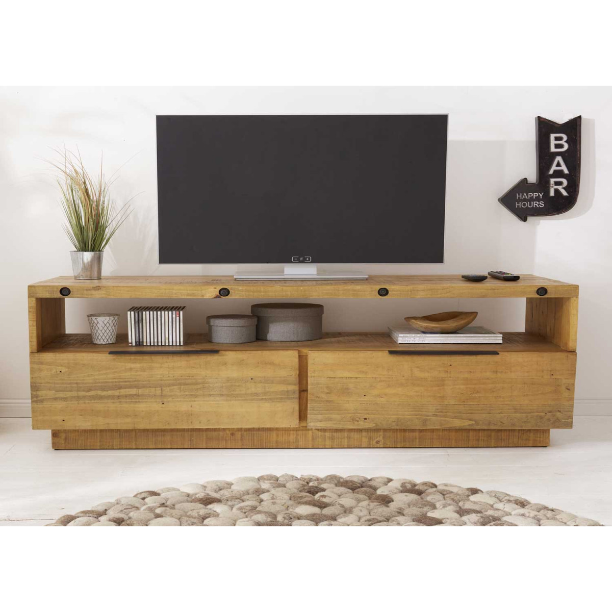 Meuble TV haut blanc laqué blanc mat et chêne 182 cm - Cbc-Meubles