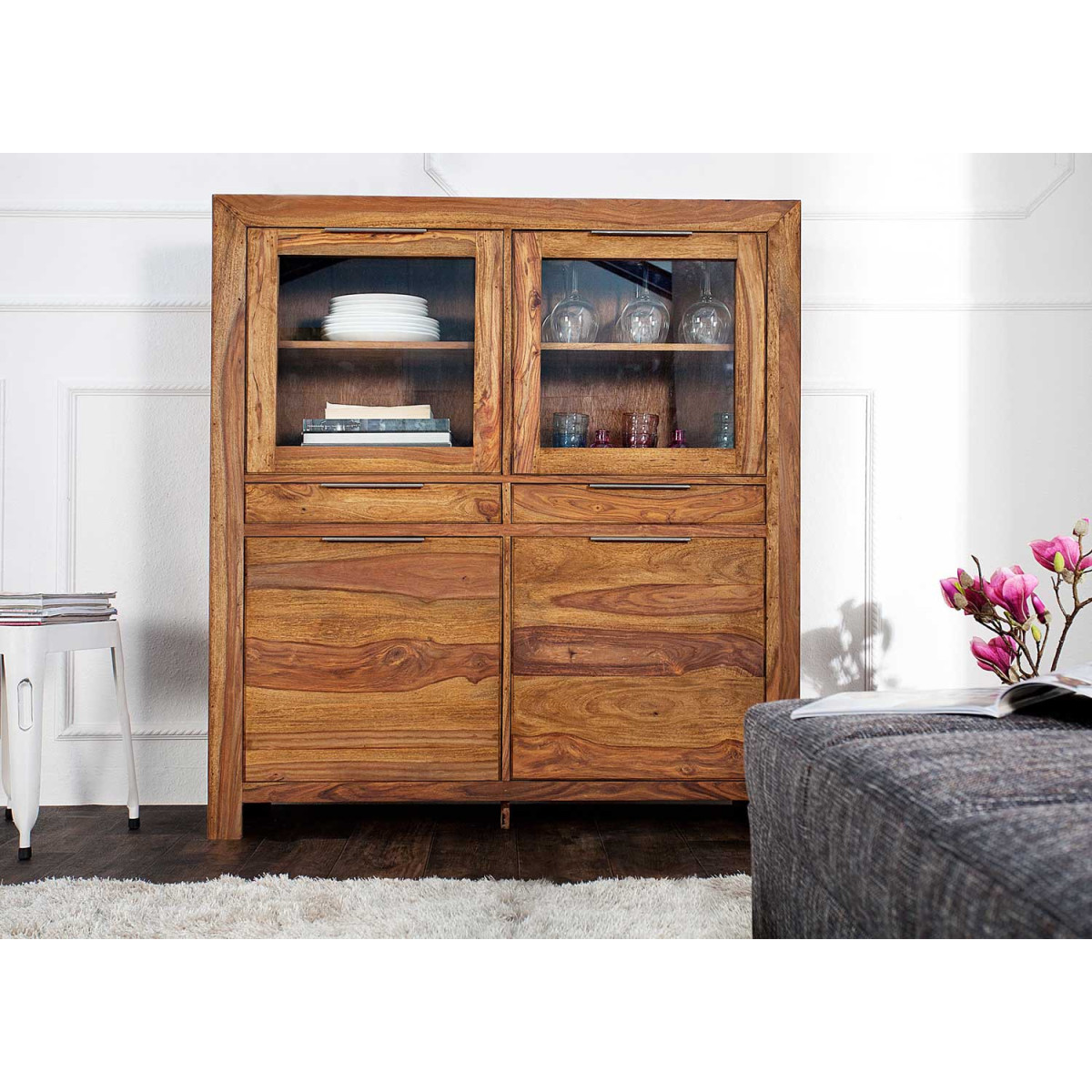 Buffet haut vitré en bois massif de sesham 120 cm