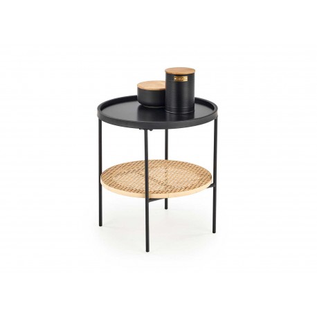 Table d'appoint rotin naturel et plateau rond noir