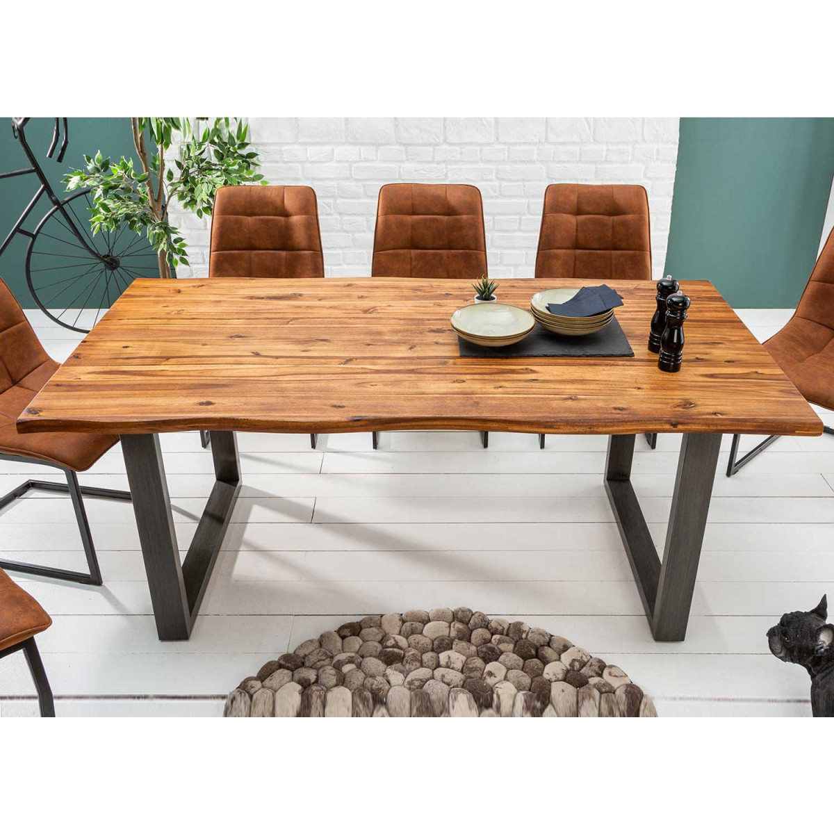 Table à manger bois d'acacia massif et pieds fer gris