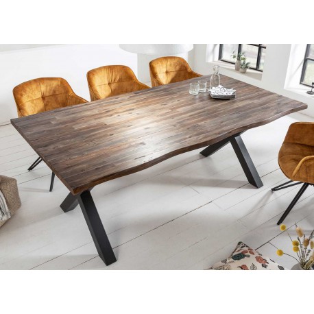 Table à manger rectangulaire acacia massif brun et piétement métal noir