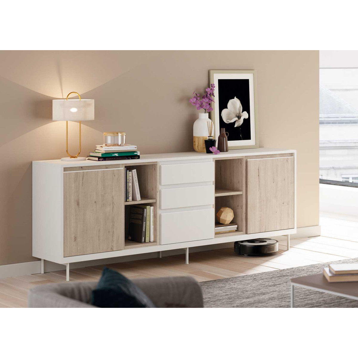 Grand buffet contemporain en bois blanc et chêne