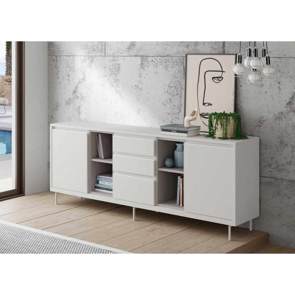 Long buffet contemporain en bois blanc