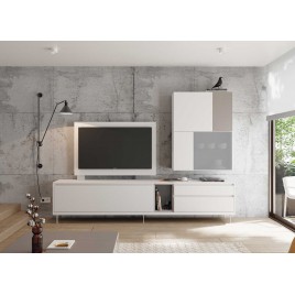 Meuble tv design blanc et gris avec panneau tv pivotant