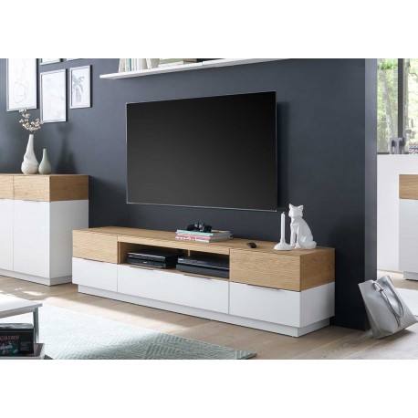 Meuble TV design laqué blanc mat et chêne 182 cm