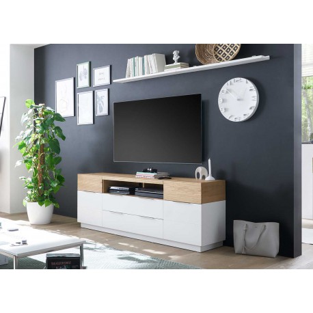 Meuble TV haut blanc laqué blanc mat et chêne 182 cm