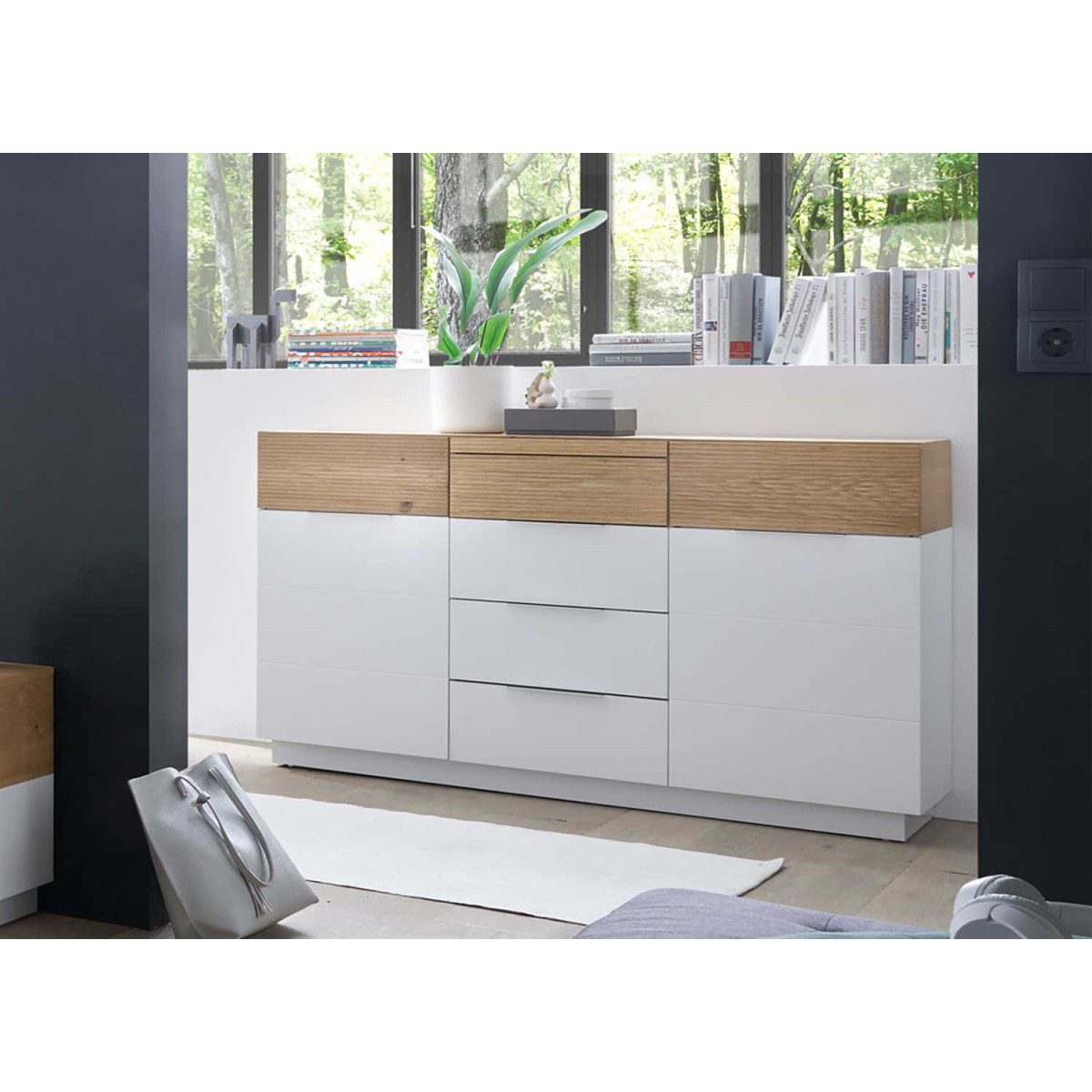 Meuble buffet blanc laqué blanc mat et chêne 136 cm