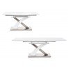 Table extensible plateau en verre avec pied laqué blanc et acier inoxydable